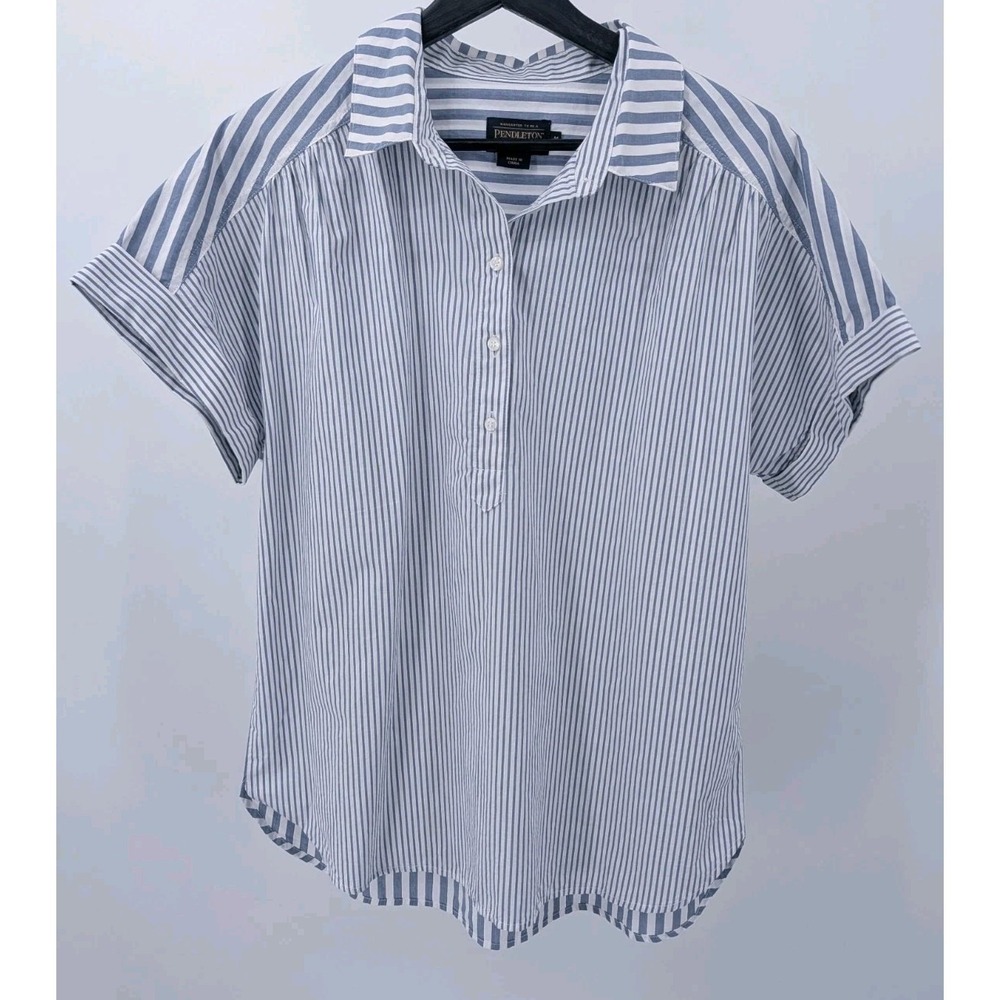 NWOT Men's Pendleton Blue‎ Striped Short Sleeve Shirt Size M Cotton Western
